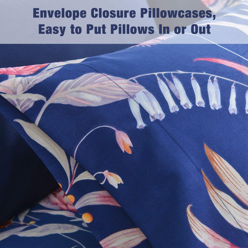 JSD Navy Blue Floral Printed King Sheet Set, 6 Piece Botanical Pattern Microfiber Sheets Extra Deep Pocket - Image 5